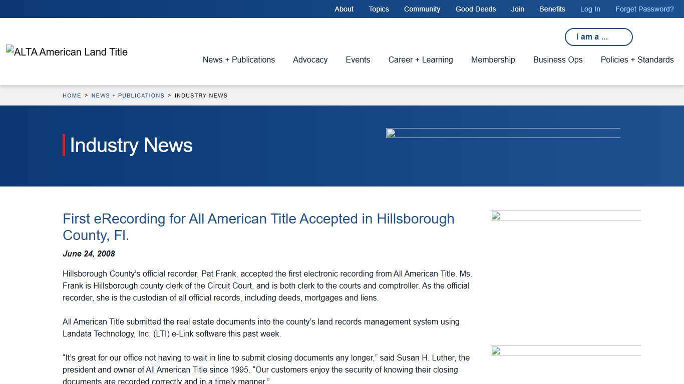 ALTA - First eRecording for All American Title Accepted in Hillsborough County, Fl.